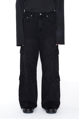 DENIM FLARED CUT CARGO PANTS