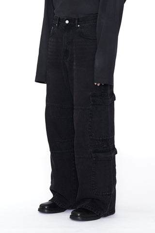 DENIM FLARED CUT CARGO PANTS